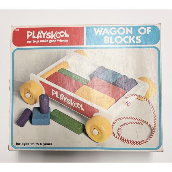 Vintage Playskool Wagon Of Blocks 1976 Wooden Building Shapes Colors Pull Along - Picture 2 of 6